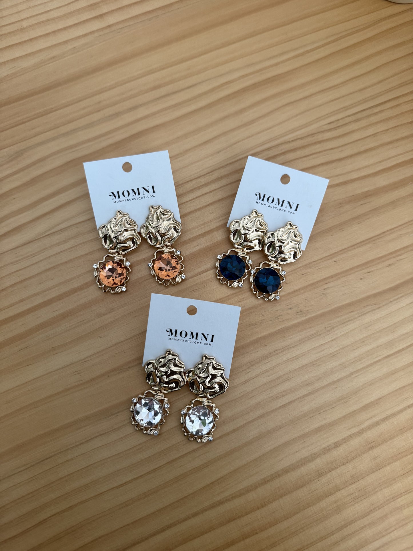 Gold Hammered Rhinestone Drop Earrings (Three Colors)