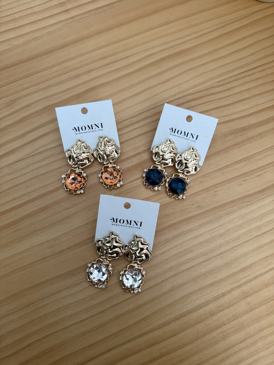 Gold Hammered Rhinestone Drop Earrings (Three Colors)