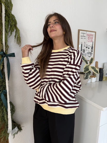 Things Between Phoebe Striped Cotton Pullover Sweatshirt (Butter)