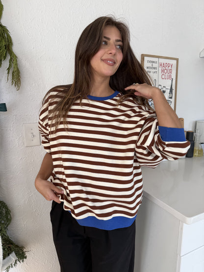 Things Between Phoebe Striped Cotton Pullover Sweatshirt (Blue)