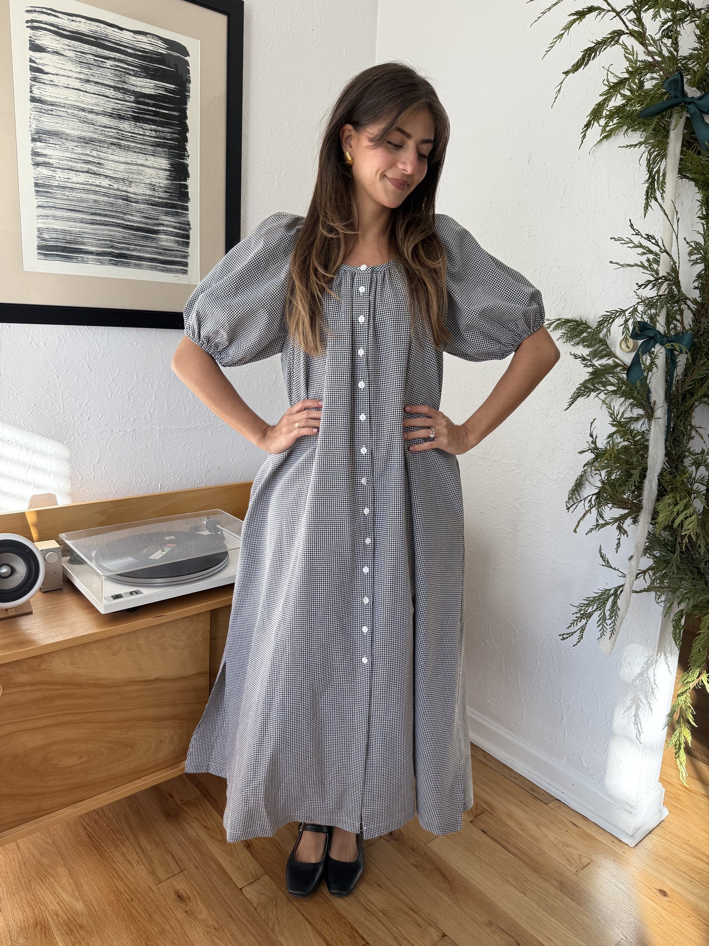 Things Between Gracie Black Gingham Puff Sleeve Maxi Dress