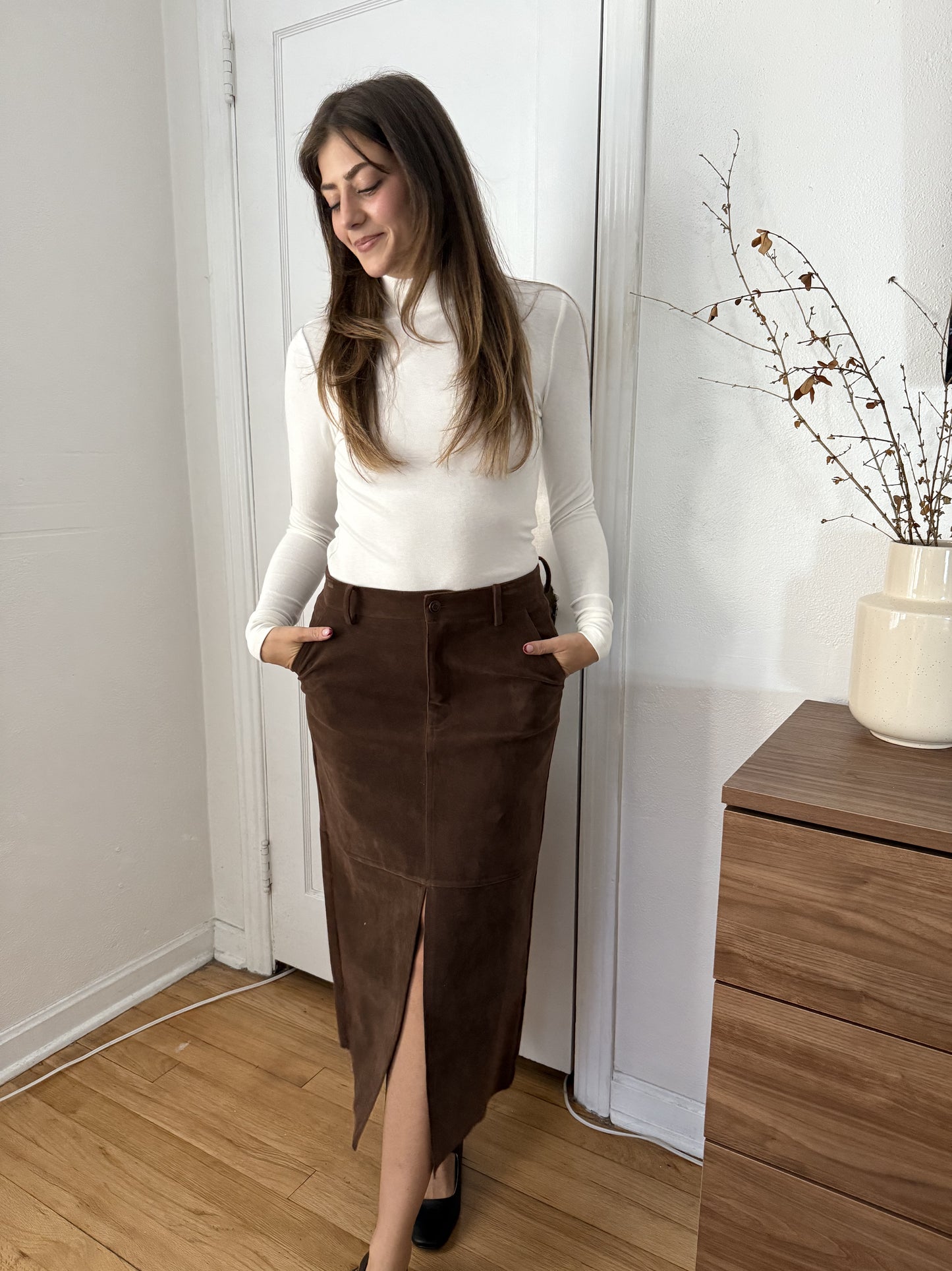 Penelope Brown Faux Suede Midi Skirt