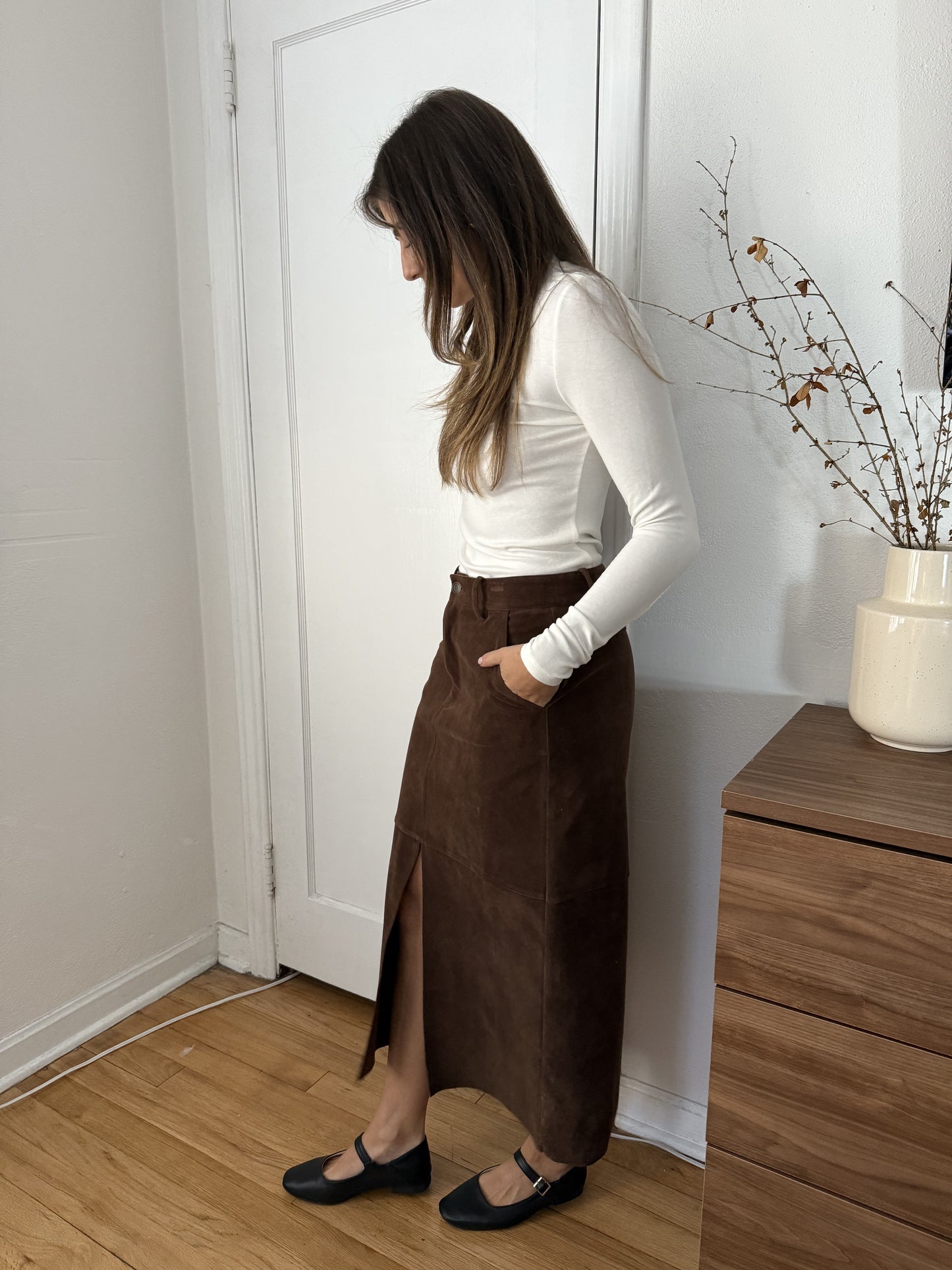 Penelope Brown Faux Suede Midi Skirt