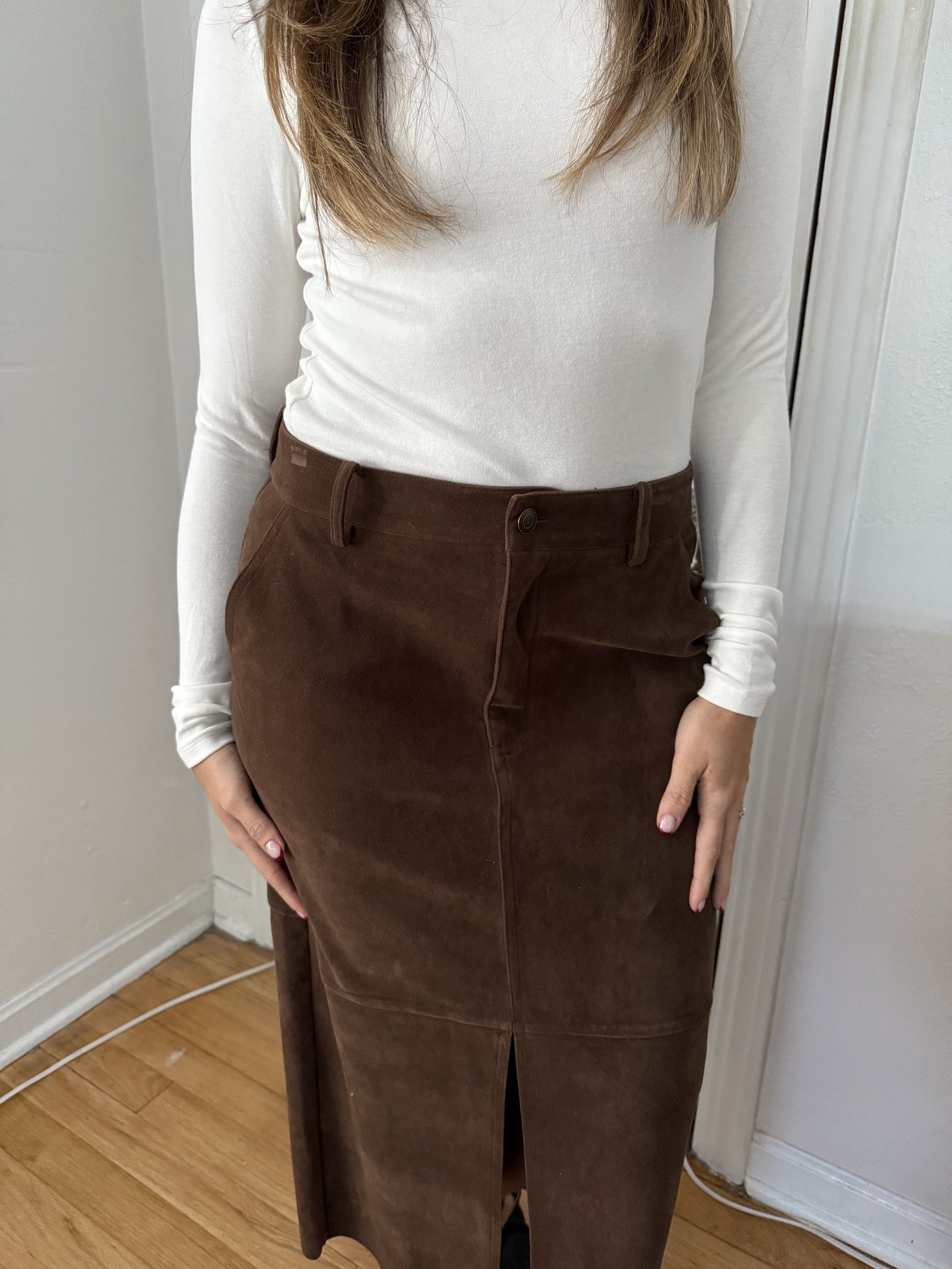 Penelope Brown Faux Suede Midi Skirt