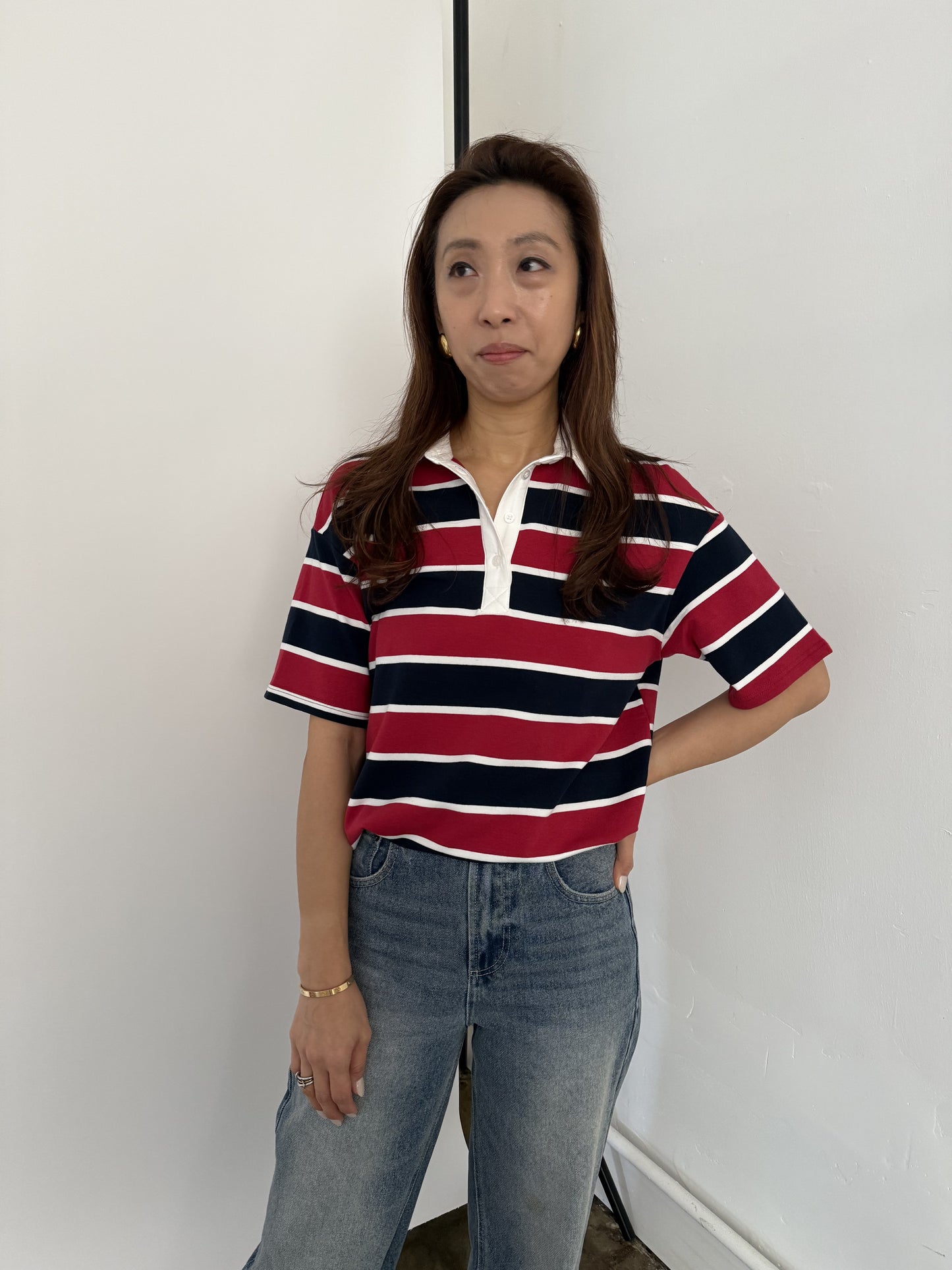 Bailey Rose Polly Striped Polo Collared Top (Red)