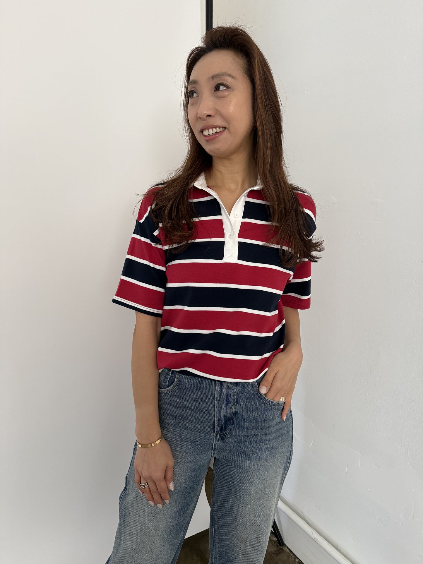 Bailey Rose Polly Striped Polo Collared Top (Red)