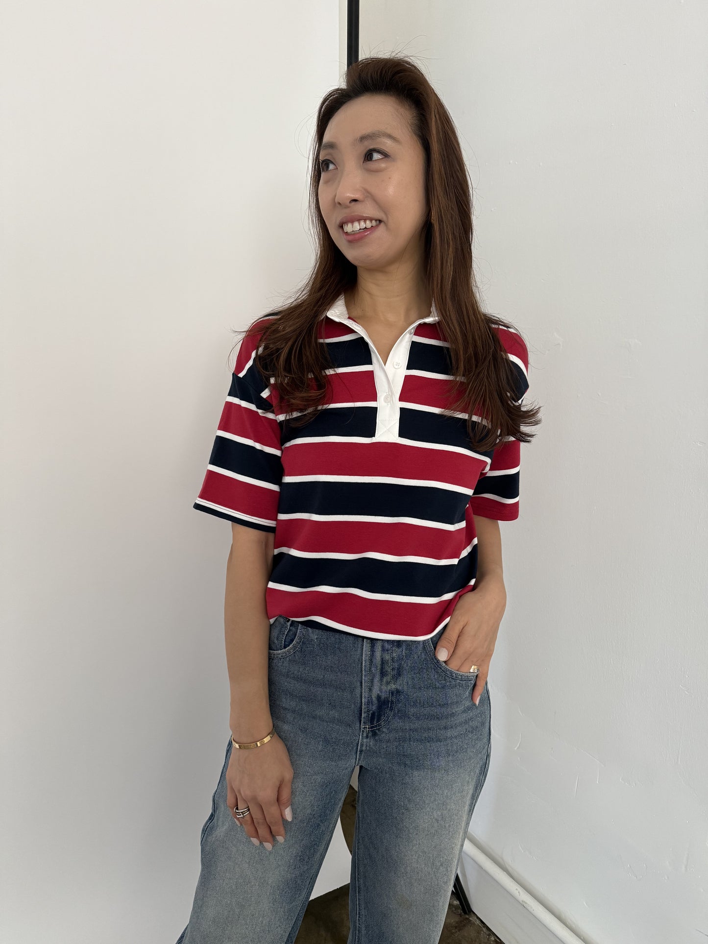 Bailey Rose Polly Striped Polo Collared Top (Red)