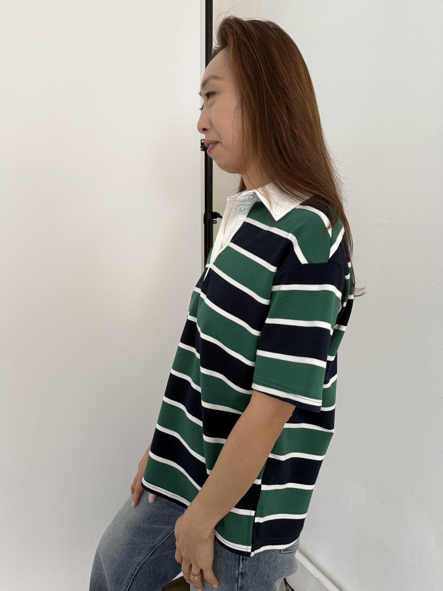 Bailey Rose Polly Striped Polo Collared Top (Green)