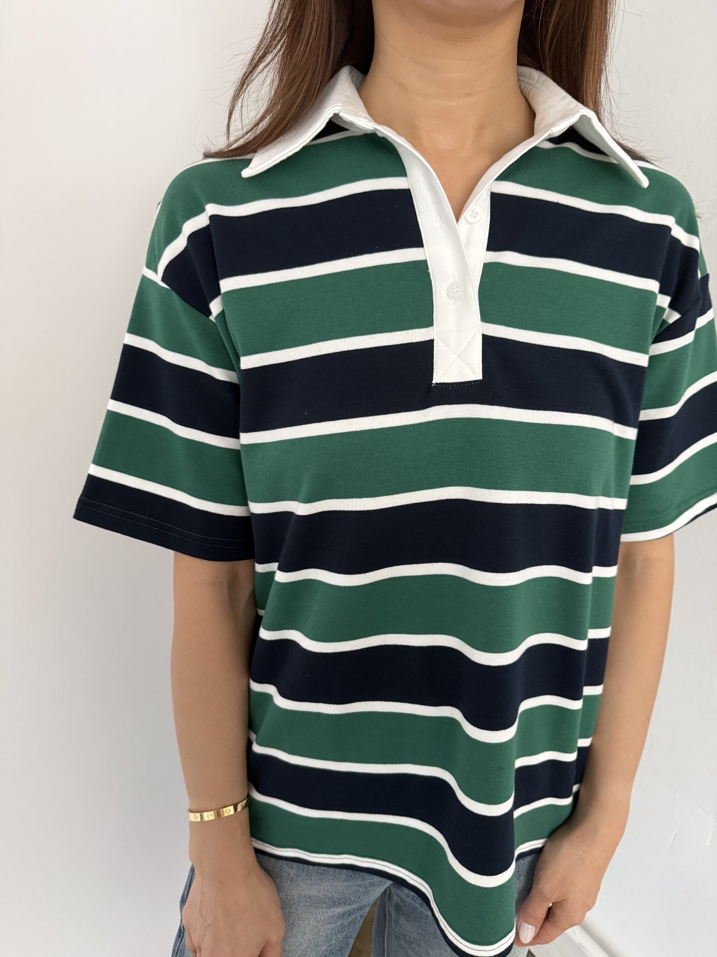 Bailey Rose Polly Striped Polo Collared Top (Green)