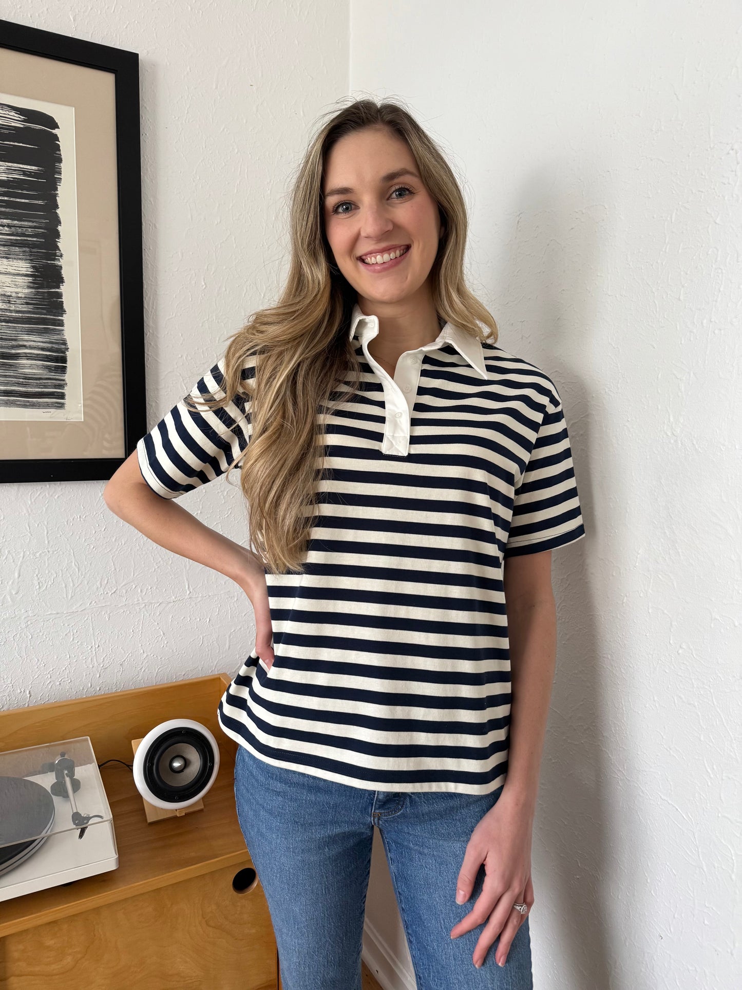 Bailey Rose Polly Striped Polo Collared Top (Navy)