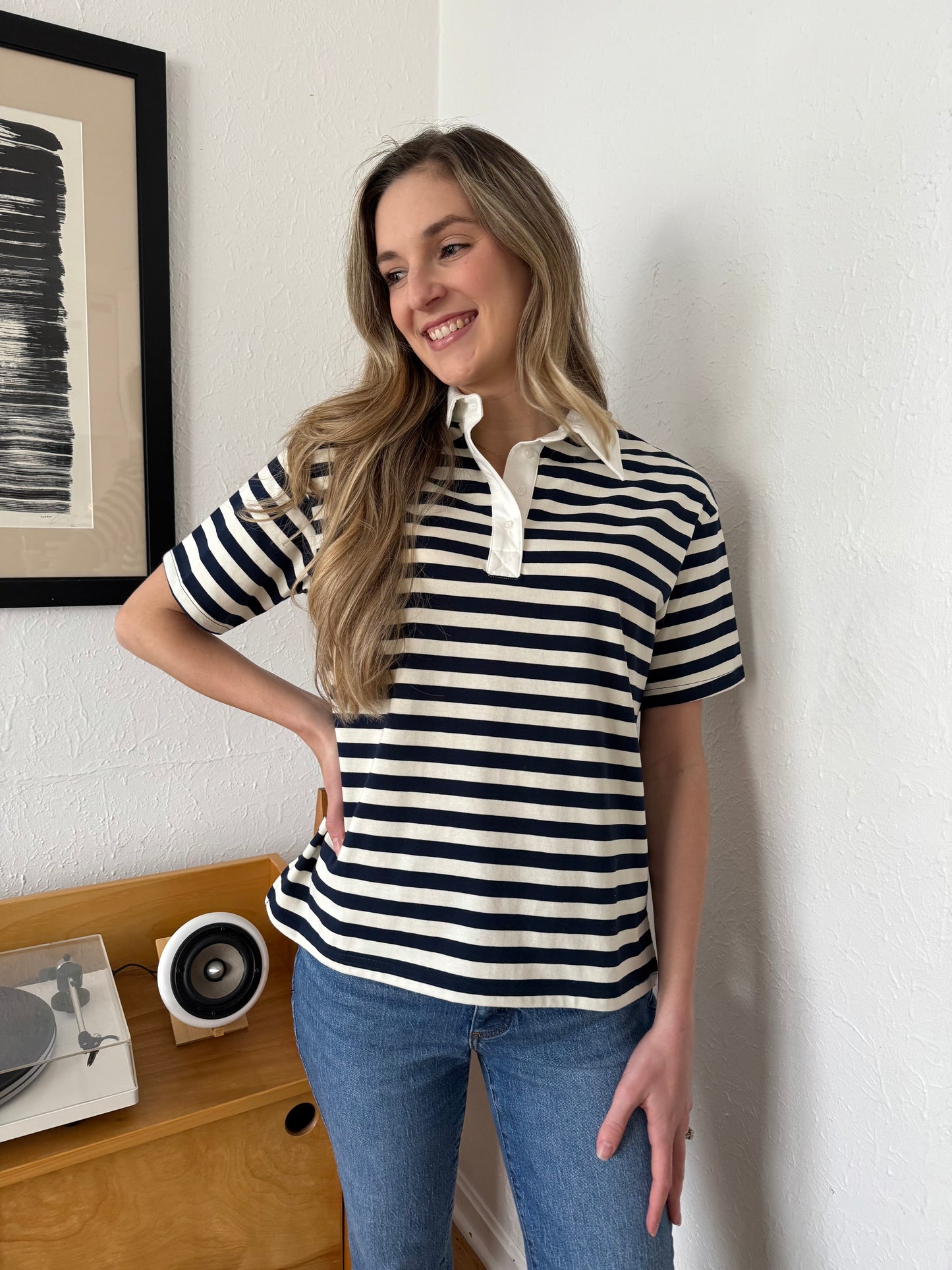 Bailey Rose Polly Striped Polo Collared Top (Navy)