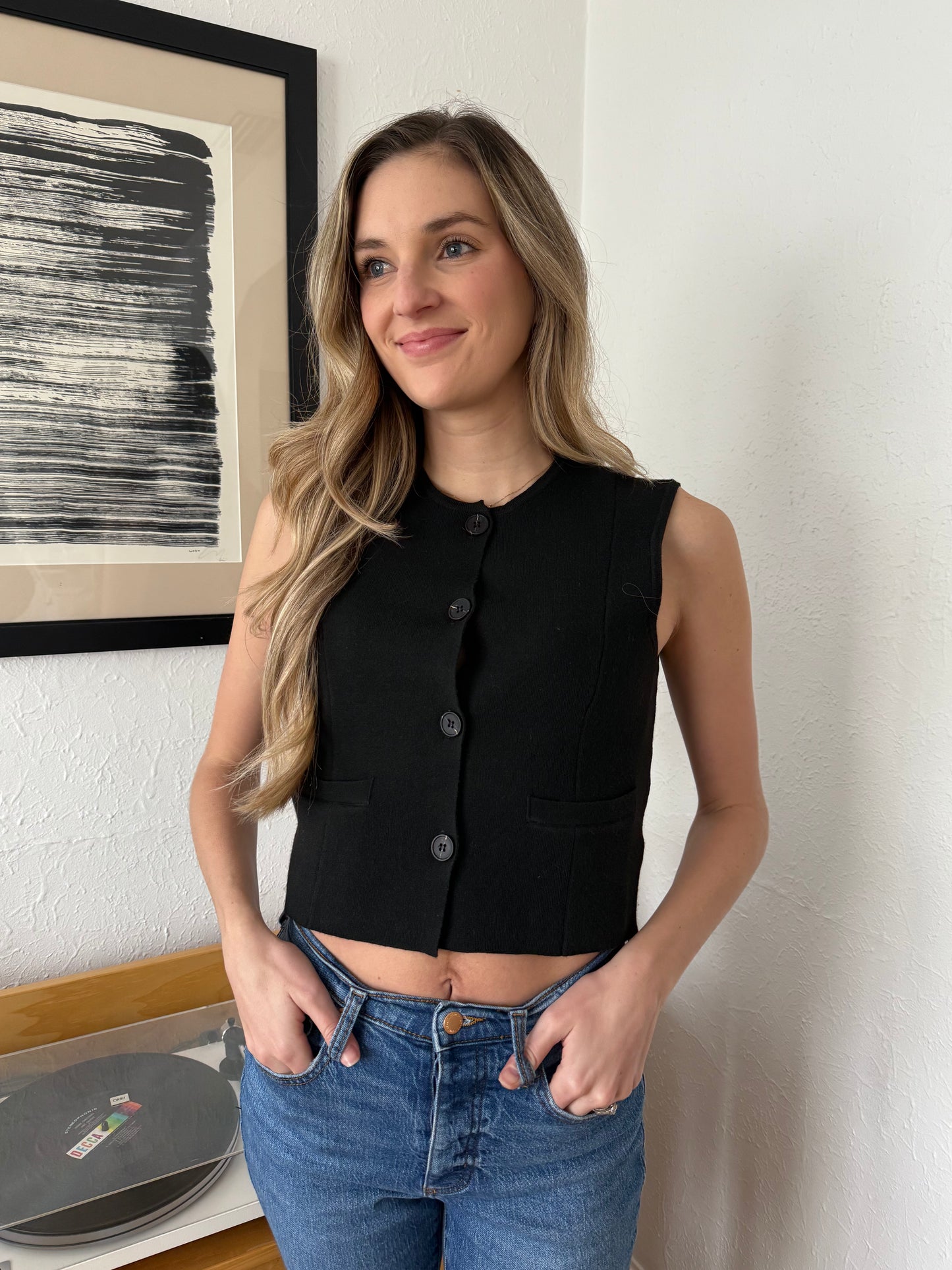 Rowan Black Knit Buttoned Vest Top