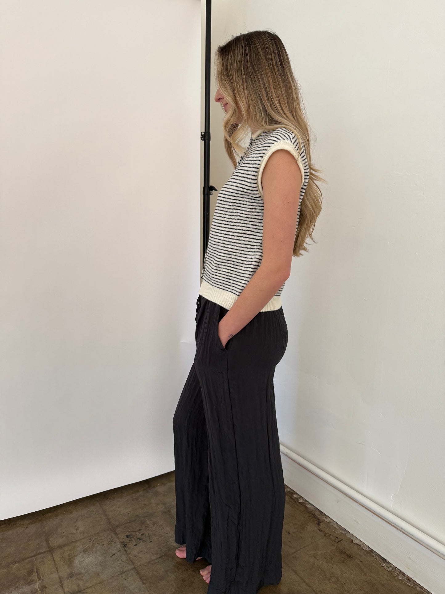 PINCH Sloane Black Crinkle Wide Leg Relaxed Pants