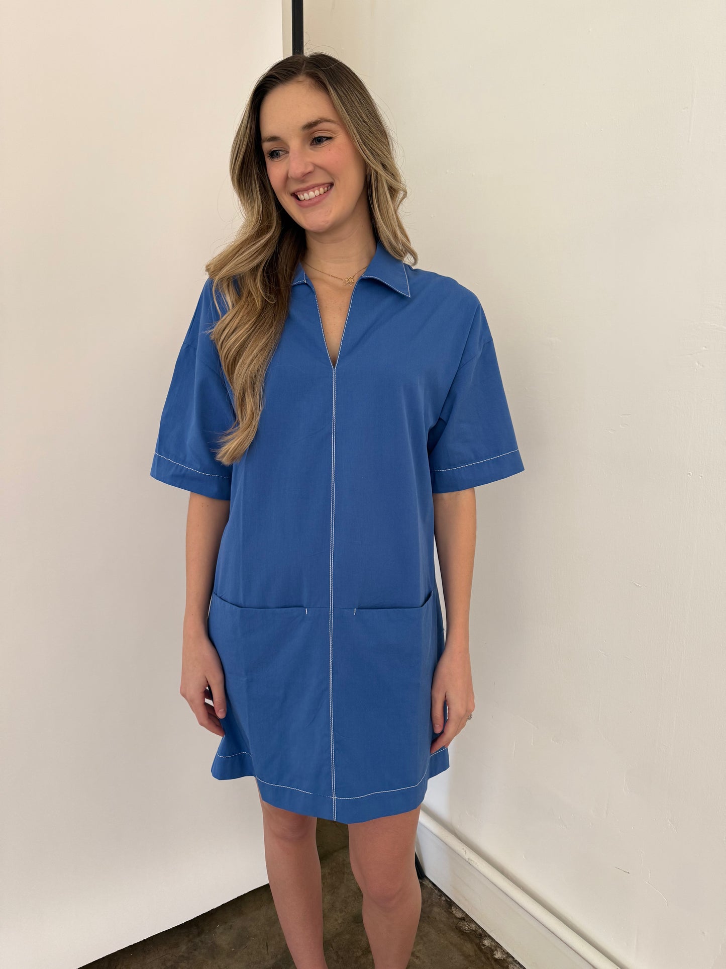 PINCH Sienna Contrast Stitched Collared Mini Dress (Blue)