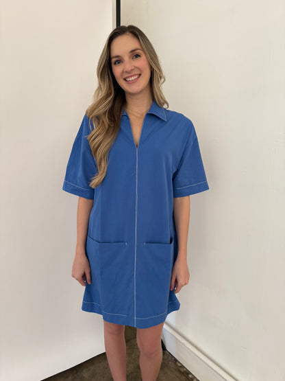 PINCH Sienna Contrast Stitched Collared Mini Dress (Blue)