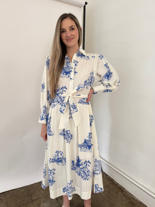 PINCH Taylor Blue Toile Print Collared Midi Dress