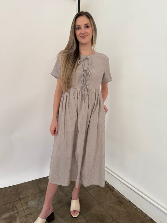 Things Between Sutton Brown Striped Tie Top Midi Dress