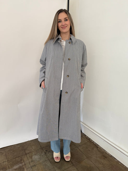 FRNCH Nelcy Blue Pinstripe Buttoned Trench Coat