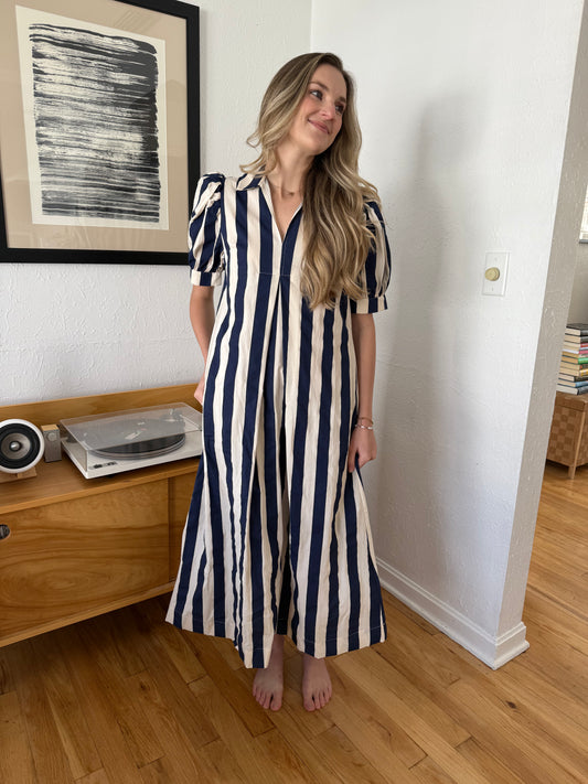 PINCH Winnie Navy Striped Puff Sleeve Midi Dress