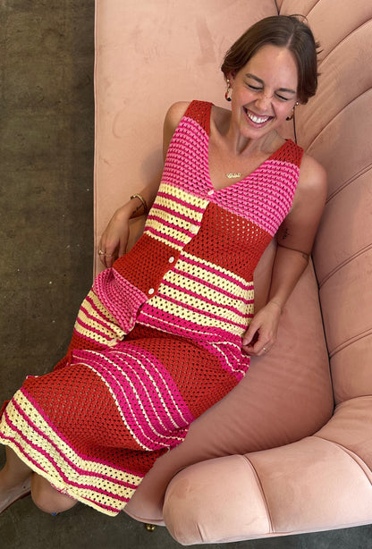 FRNCH Paulette Crochet Knit Buttoned Midi Dress