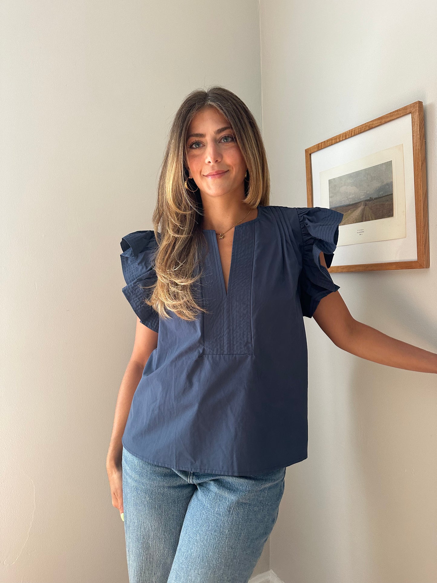 Addison Cotton Flutter Sleeve Poplin Top (Navy)