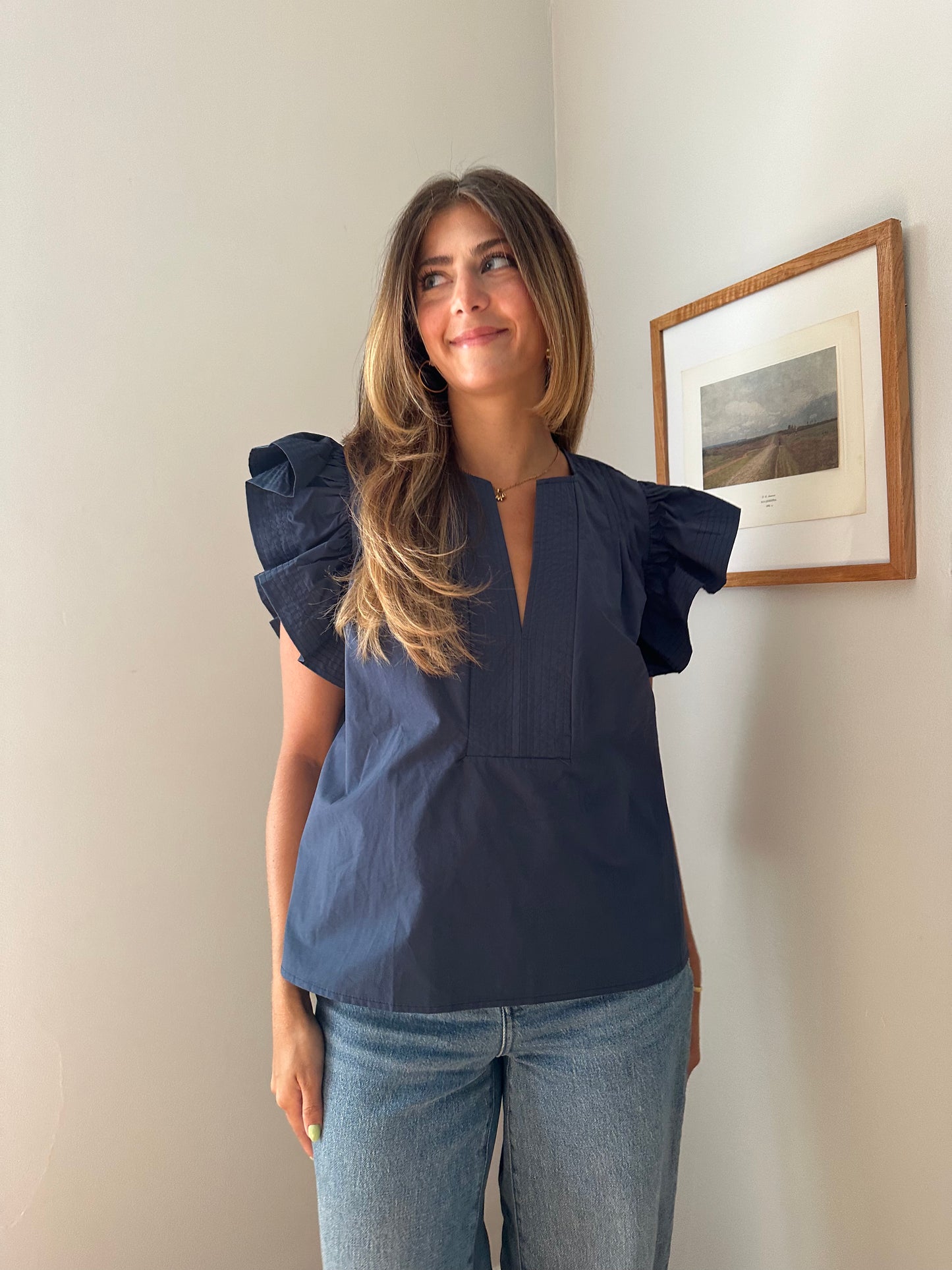 Addison Cotton Flutter Sleeve Poplin Top (Navy)