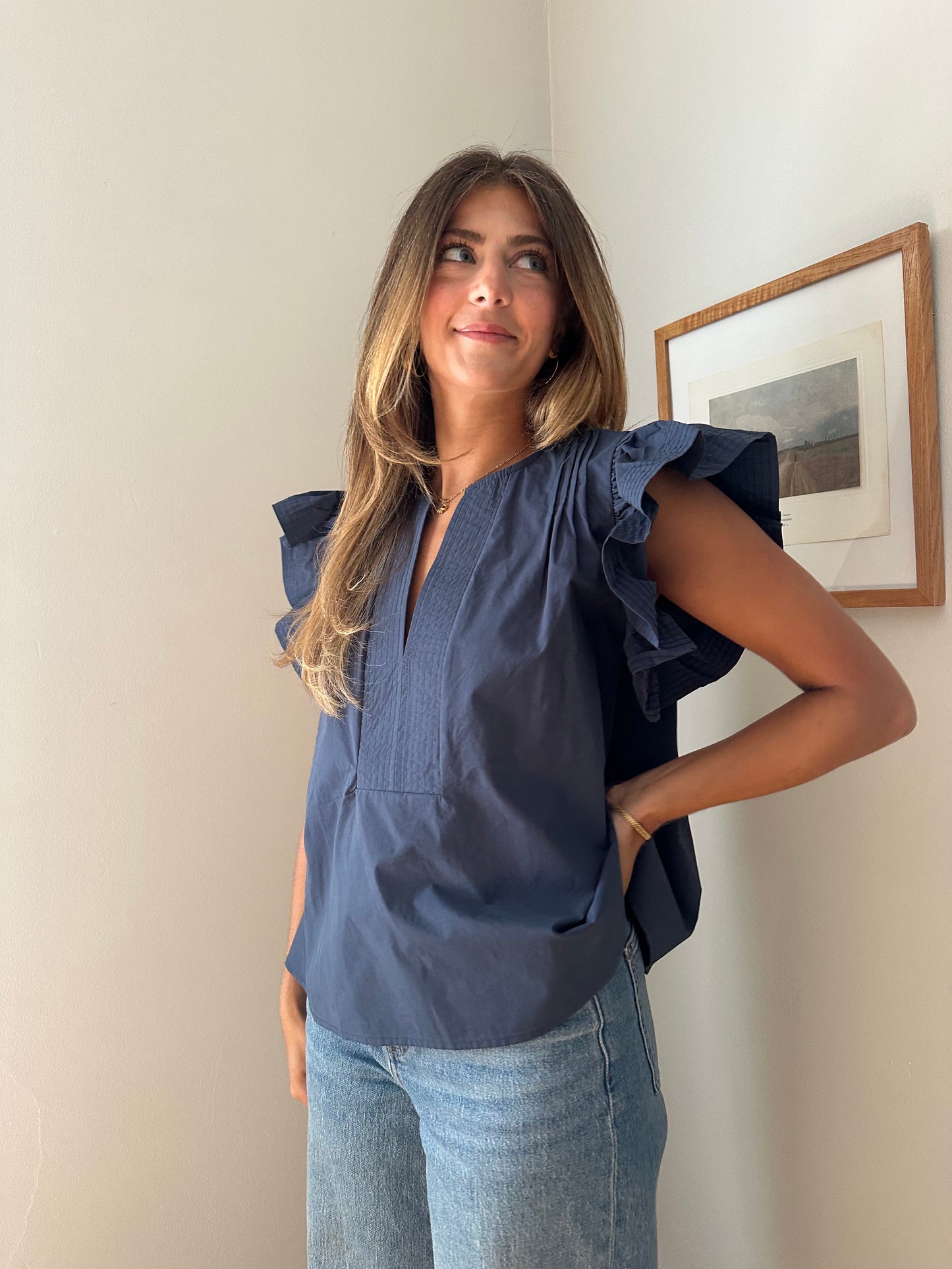 Addison Cotton Flutter Sleeve Poplin Top (Navy)