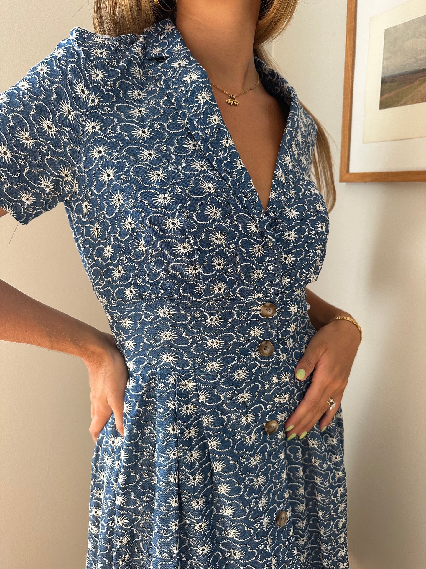 Abigail Floral Embroidered Denim Midi Dress