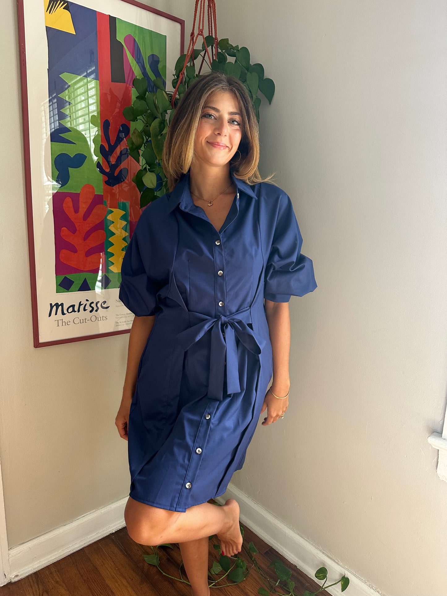 Varena Navy Buttoned Tie Waist Mini Dress