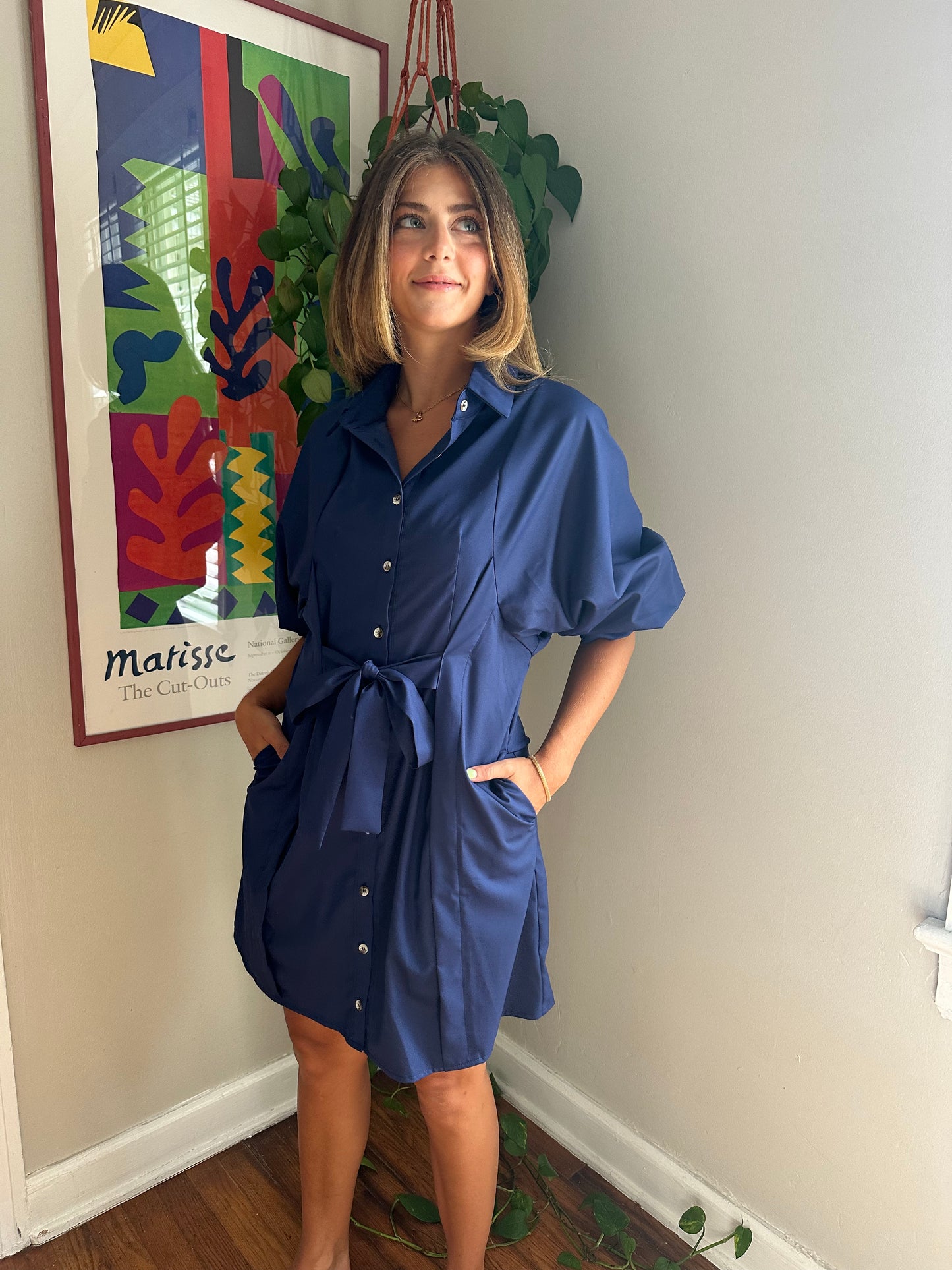 Varena Navy Buttoned Tie Waist Mini Dress