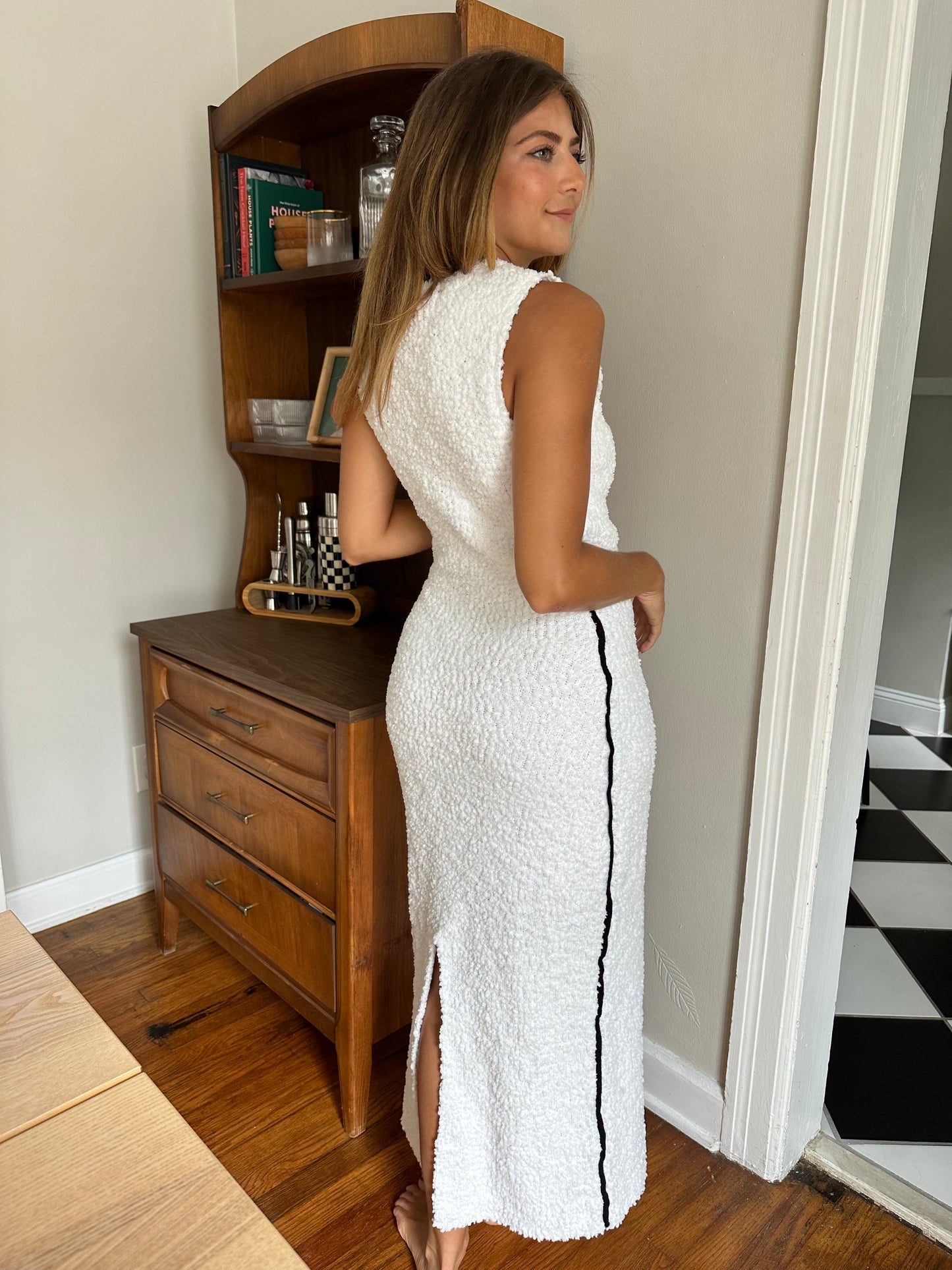 Athena White Shearling Stretch Bodycon Maxi Dress