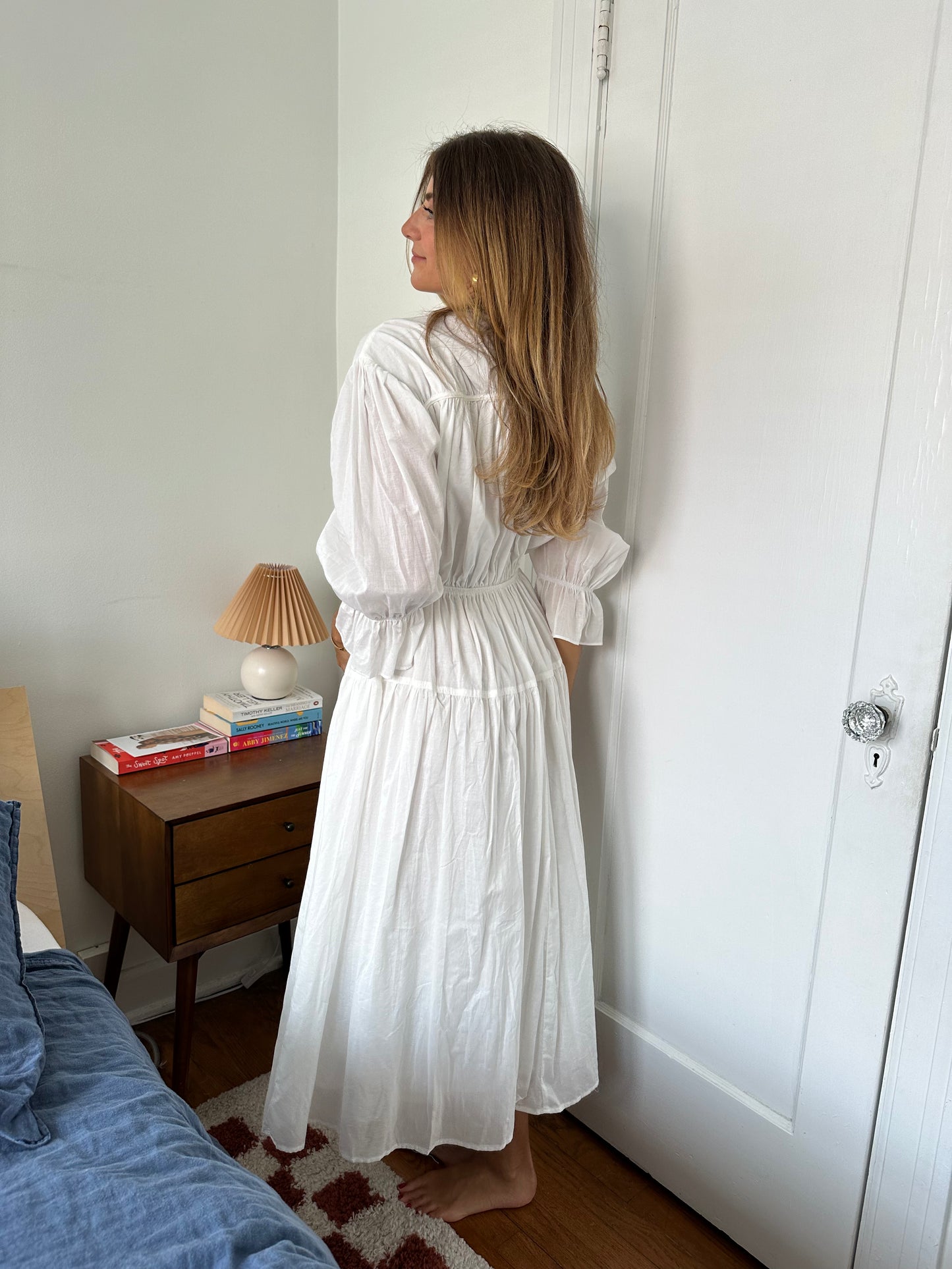 Anna White Cotton Peasant Long Sleeve Midi Dress