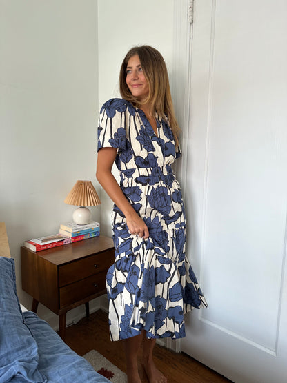 Aureum Amaya Blue Floral Tiered Midi Dress (S)