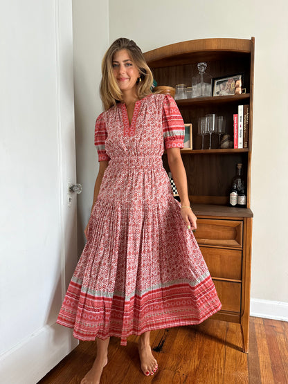 Current Air Avery Red Floral Print Pleated Midi Dress