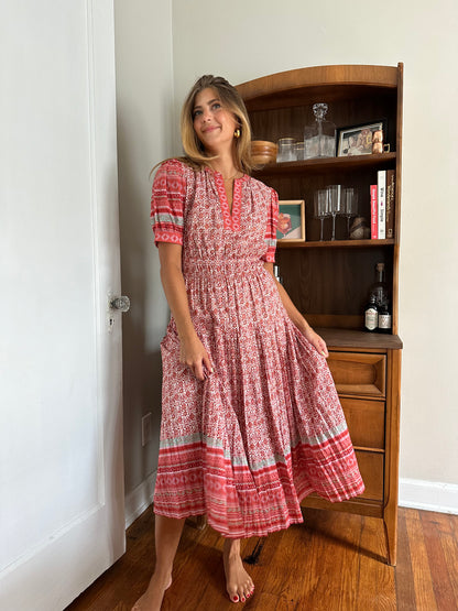 Current Air Avery Red Floral Print Pleated Midi Dress