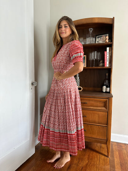 Current Air Avery Red Floral Print Pleated Midi Dress