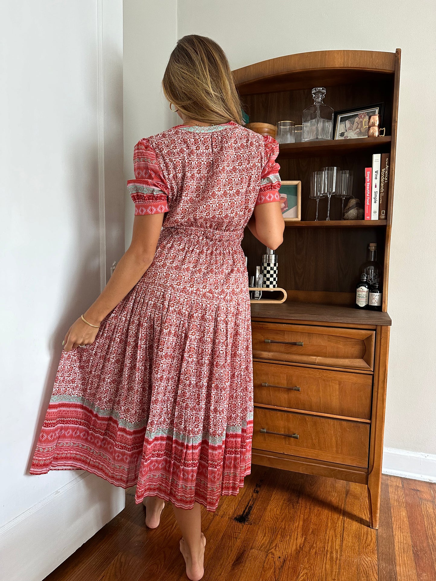 Current Air Avery Red Floral Print Pleated Midi Dress