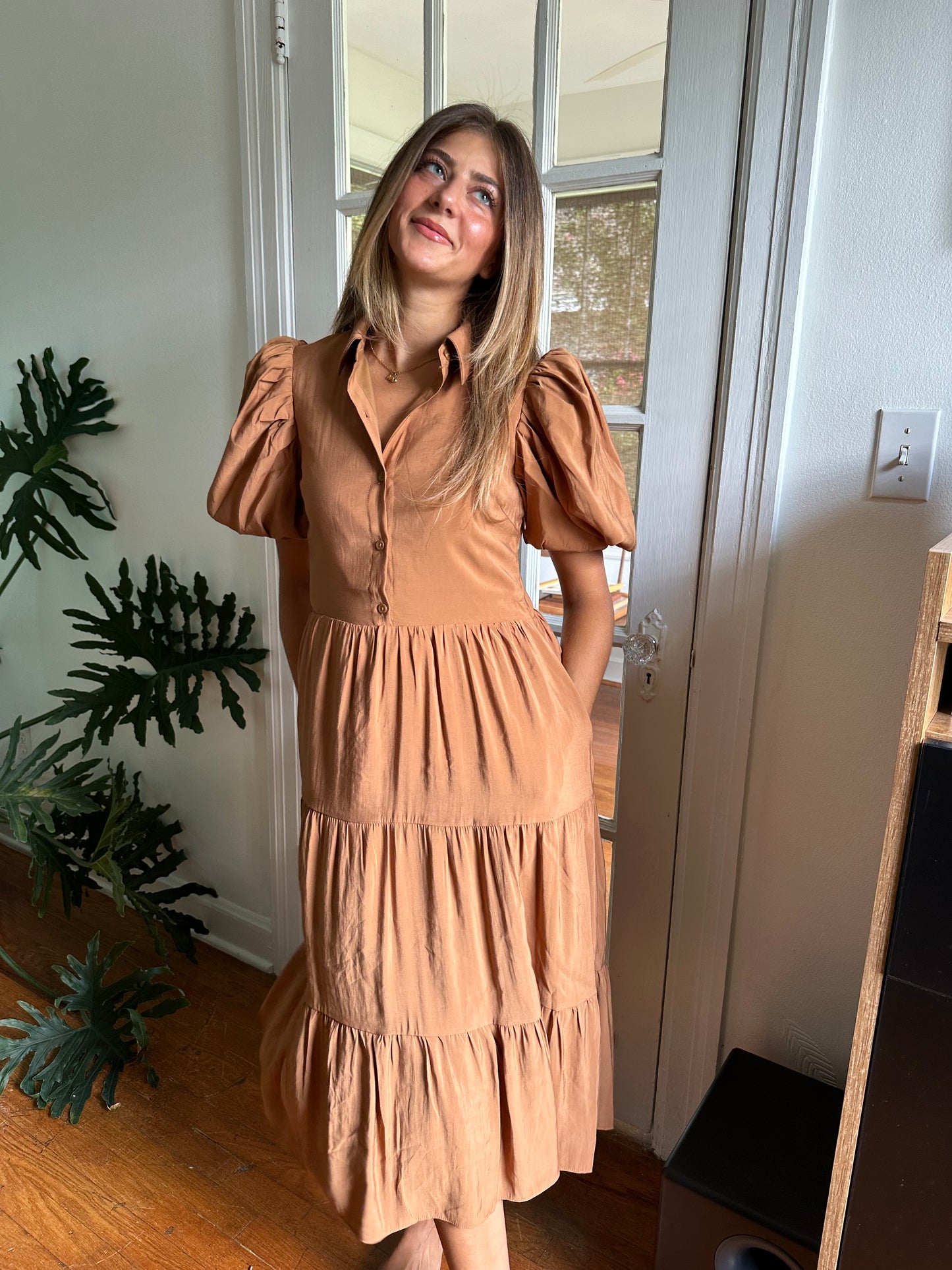 English Factory Brooke Caramel Puff Sleeve Tiered Midi Dress