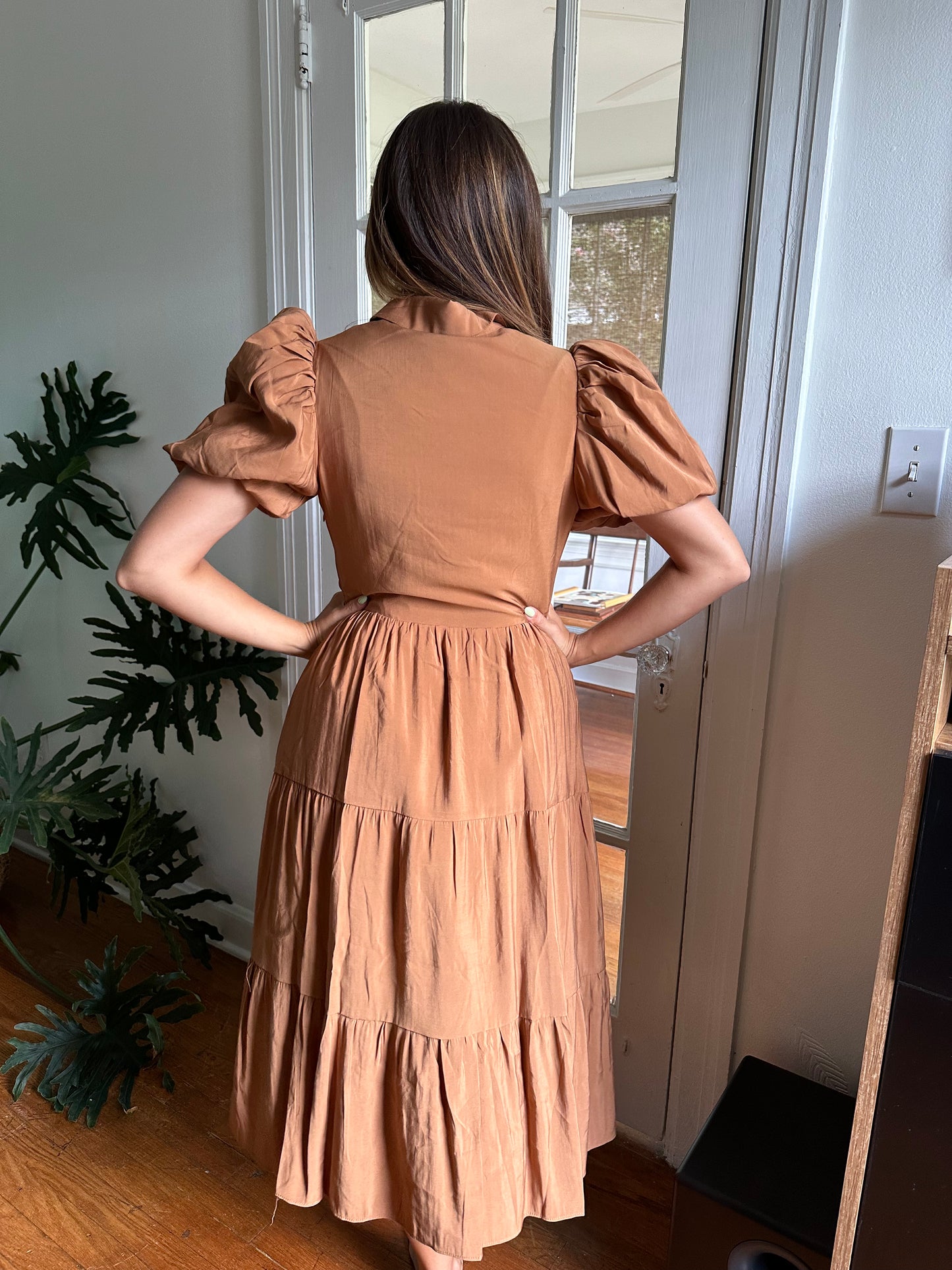 English Factory Brooke Caramel Puff Sleeve Tiered Midi Dress