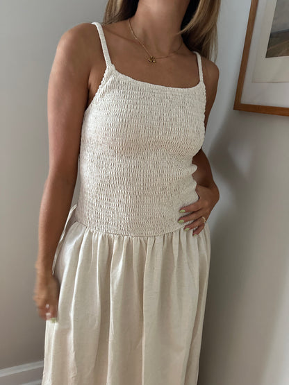 Marcella Natural Linen Smocked Midi Dress