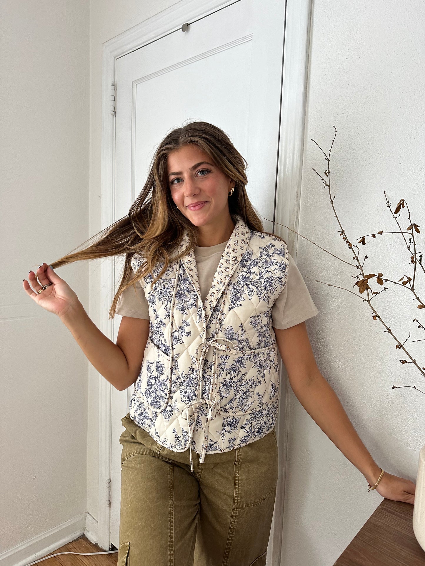 Capri Blue Floral Quilted Tie Vest Top