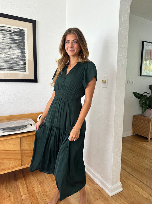 Karter Satin Smocked Midi Dress (Emerald)