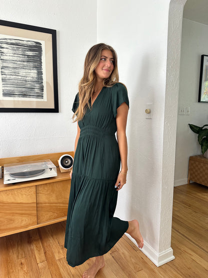 Karter Satin Smocked Midi Dress (Emerald)