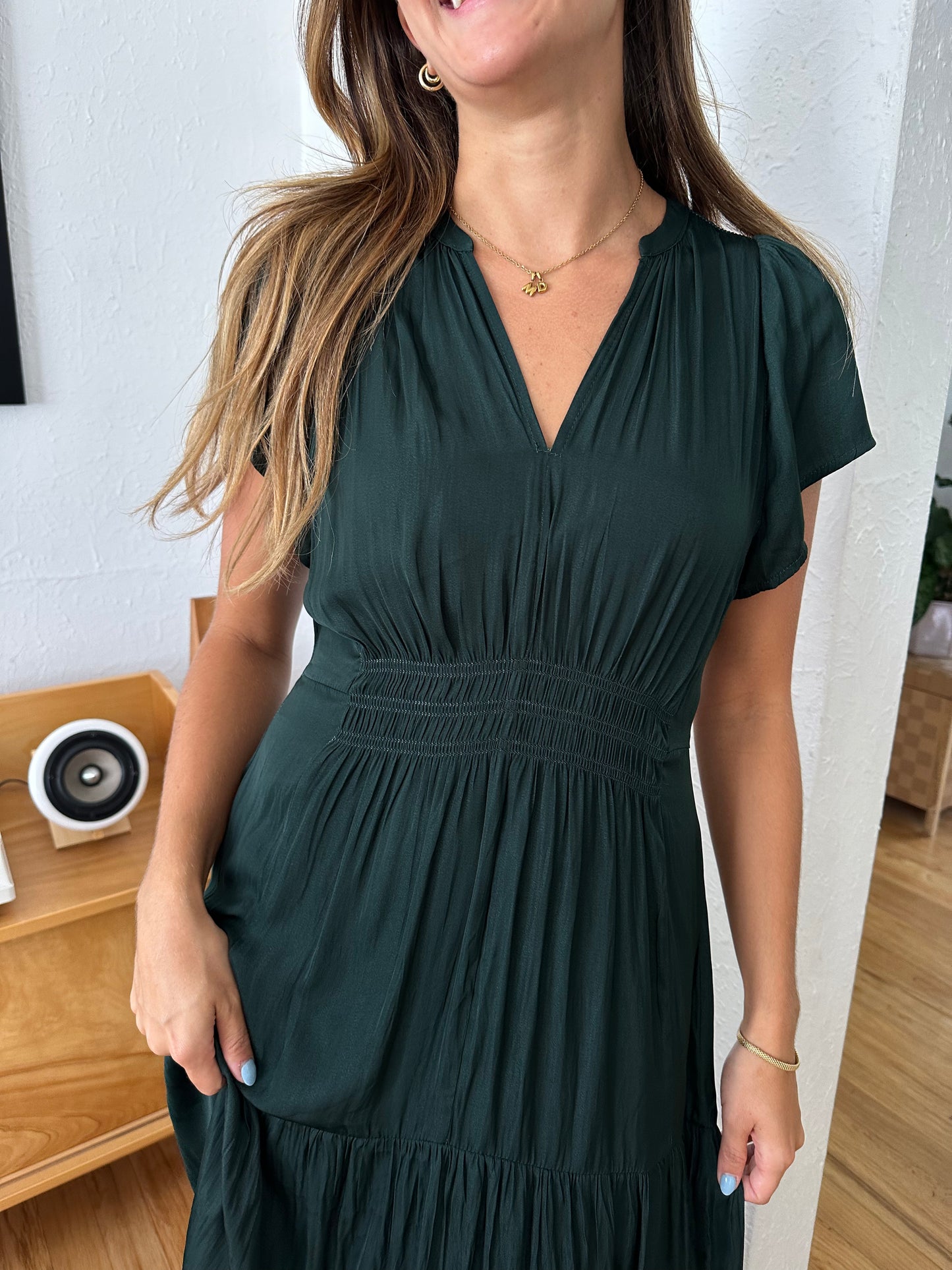 Karter Satin Smocked Midi Dress (Emerald)