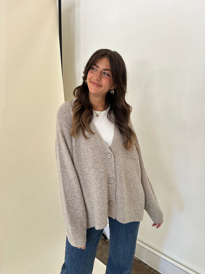 Dolly Knit Side Slit Buttoned Cardigan Sweater (Light Taupe)