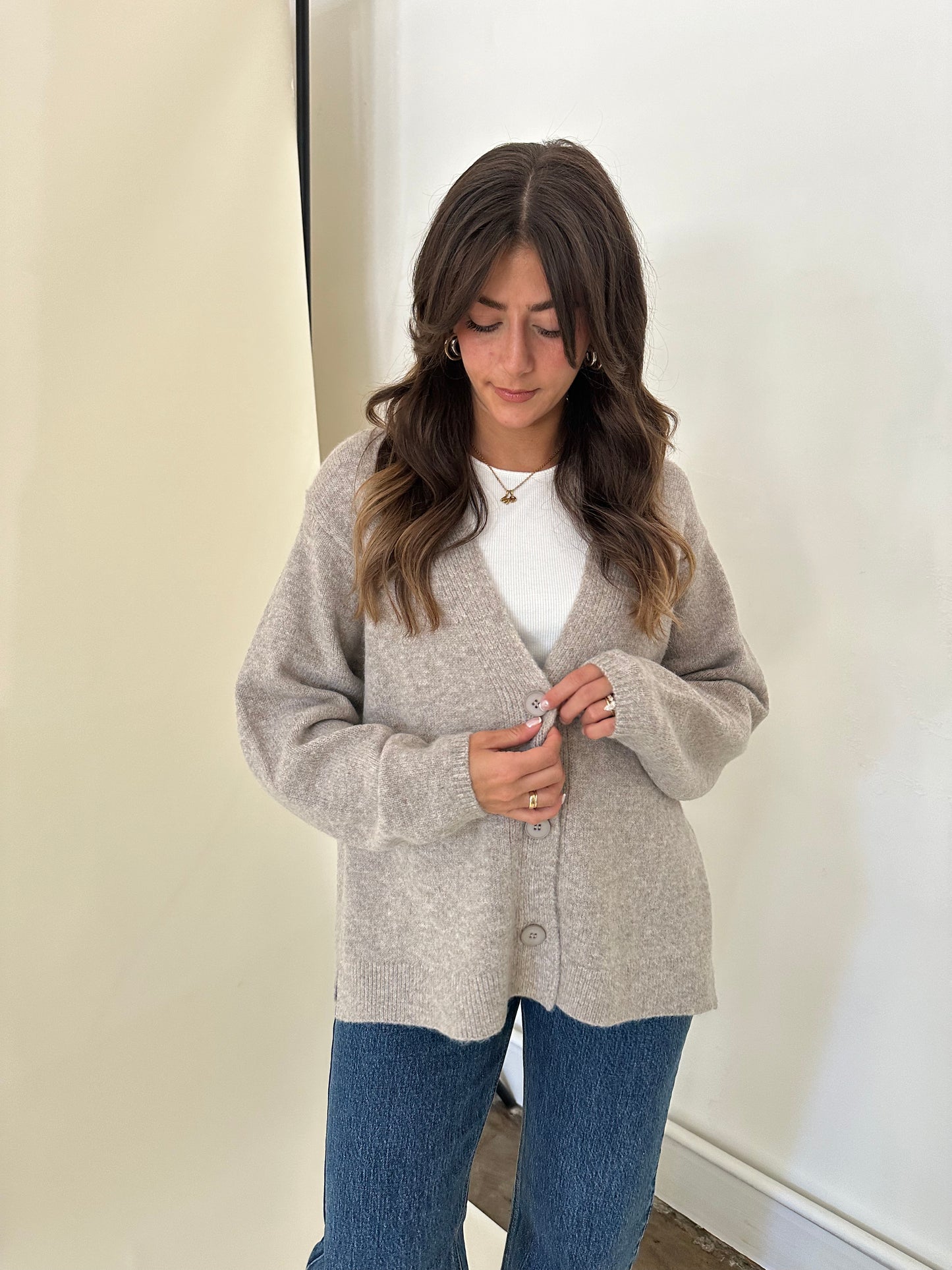 Dolly Knit Side Slit Buttoned Cardigan Sweater (Light Taupe)