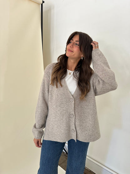 Dolly Knit Side Slit Buttoned Cardigan Sweater (Light Taupe)