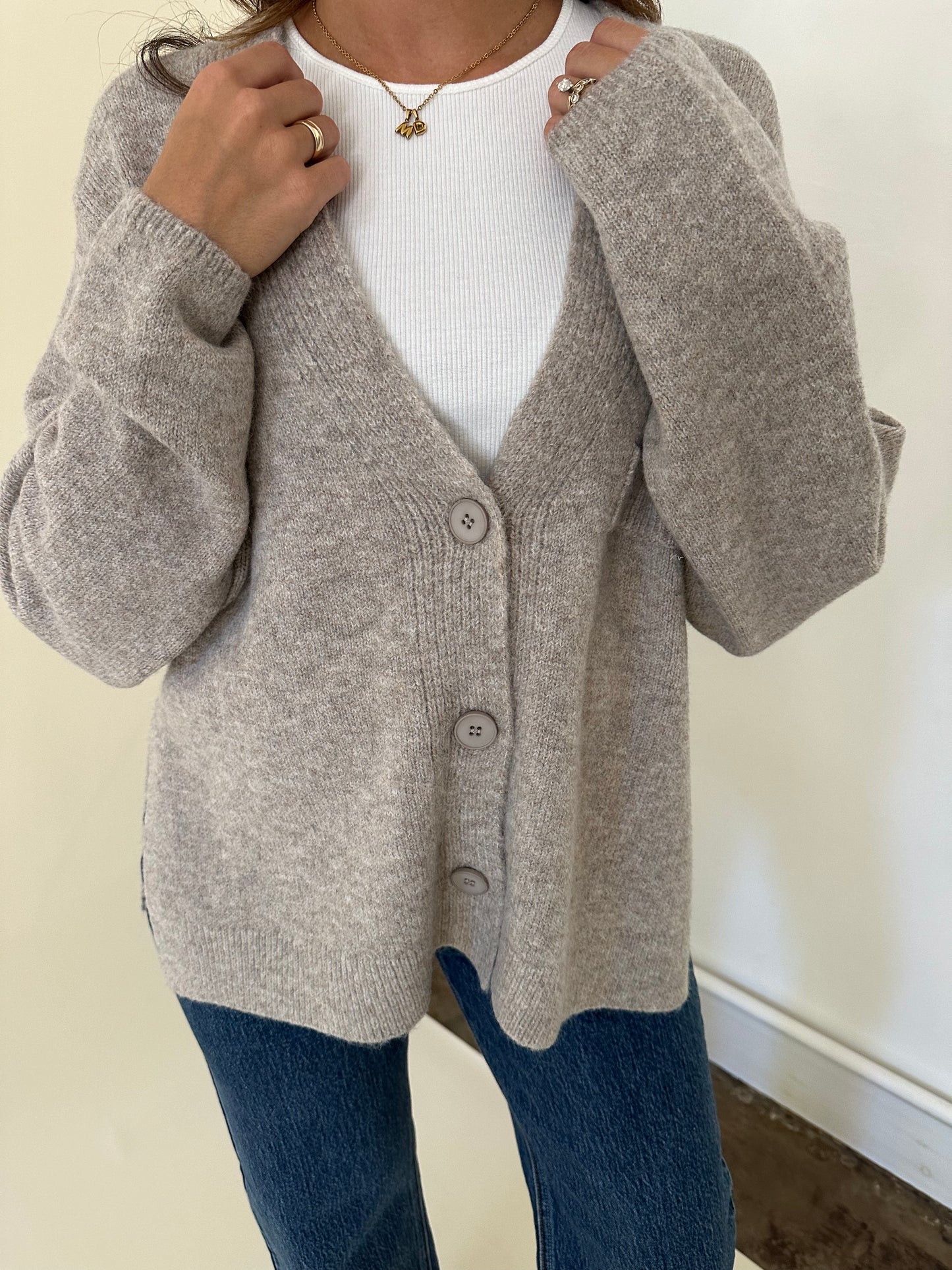 Dolly Knit Side Slit Buttoned Cardigan Sweater (Light Taupe)