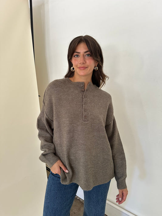 Dixie Taupe Knit Henley Button Pullover Sweater