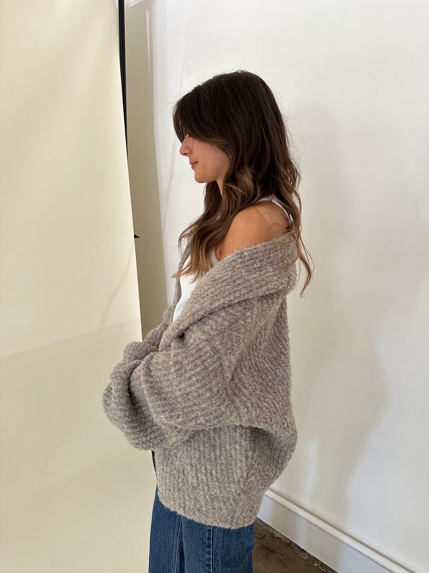 Darla Chunky Ribbed Open Wool Knit Cardigan (Taupe)